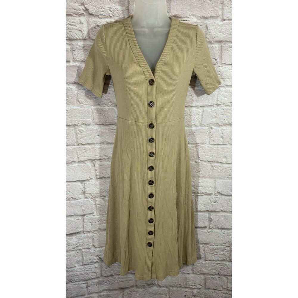 NWOT Ann Taylor Camel Tan Ribbed Button Front Stretch Midi Dress SP Small Petite